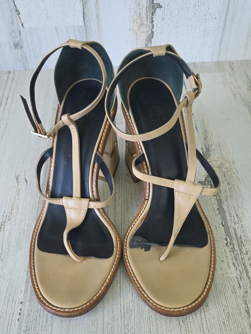Tibi Leather Beige T-Strap Women's Sandals Ankle Buckle Block Heel Size 40